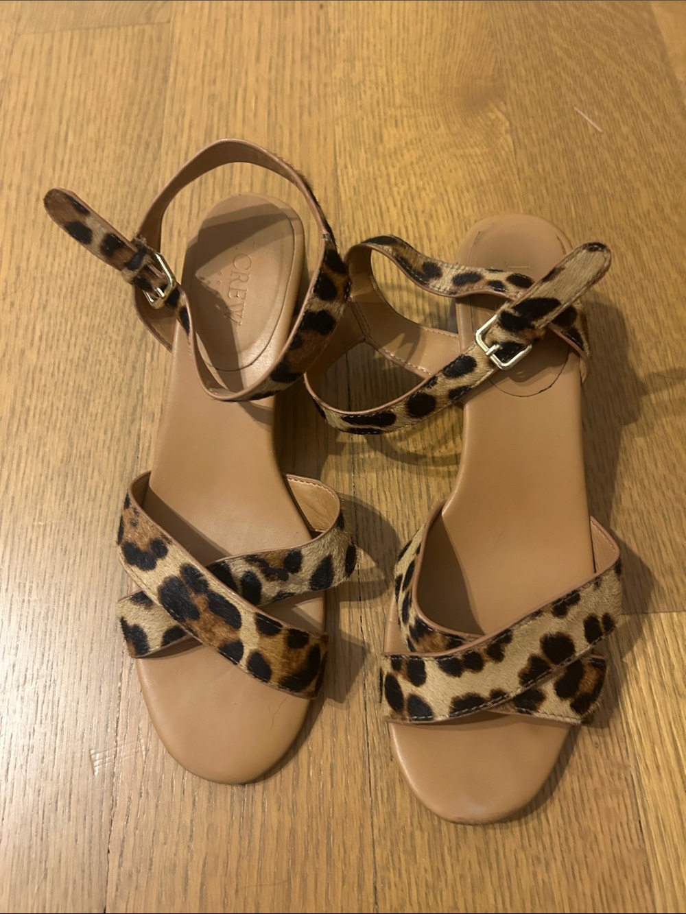 J. Crew Leopard Calf Hair Low Block Heel Sandals